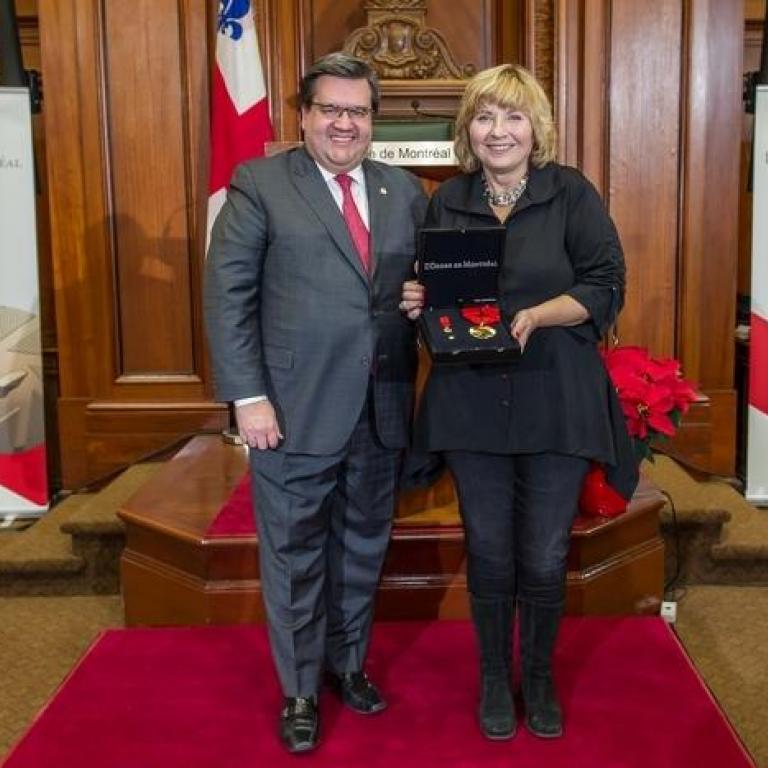 The mayor of Montreal Mr Denis Coderre and Mrs Danièle Lorrain, representing Mme Denise Filiatrault  Great Montrealer 2007 recepient of the title of Commander