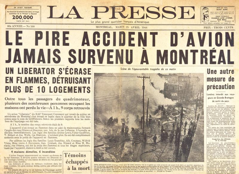 First page of La Presse after the Liberator crash