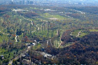 Vue vers le sud de l’entre-monts montrant les nuances et les textures de la végétation des deux cimetières et de la clairière du parc du Mont-Royal, avec vue partielle des trois sommets boisés. Photographie aérienne.