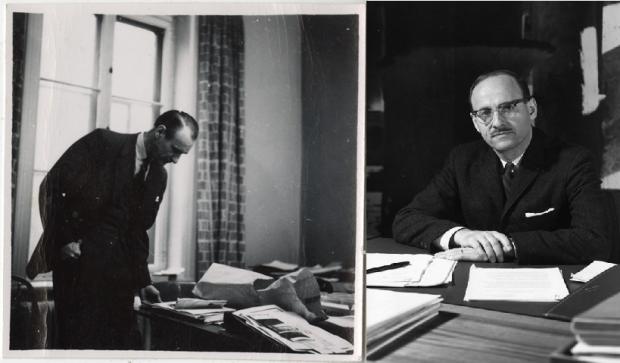 À gauche, Hazen Sise debout, penché vers sa table de travail couverte de documents et à droite, portrait de Guy Desbarats, appuyé sur un bureau de travail. 