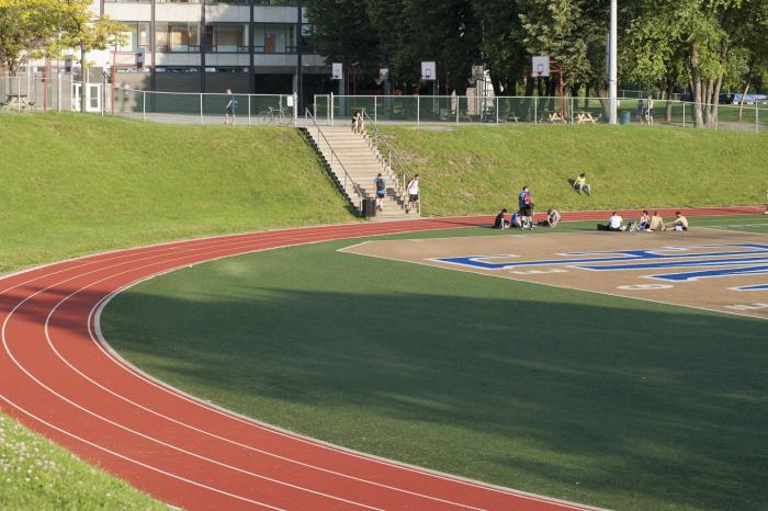 Lors de l’aménagement du stade, la topographie du site a été remaniée. Le terrain de sport, situé à un niveau plus bas que les cours de récréation, est bordé de talus. Photographie.